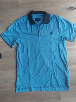 True Religion Men's Polo Shirt Sky Blue Navy Blue Collar Size M
