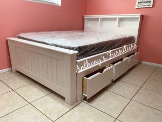 White Full Bed And Mattress With Drawers