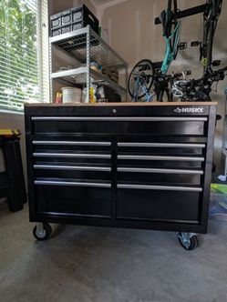 Husky 46" 9-Drawer Mobile Workbench Tool Chest - Solid Wood Top