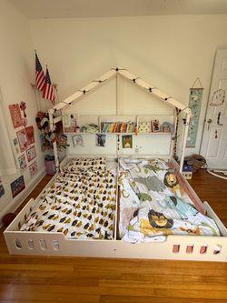 Kids House Floor Bed Frame with Shelves