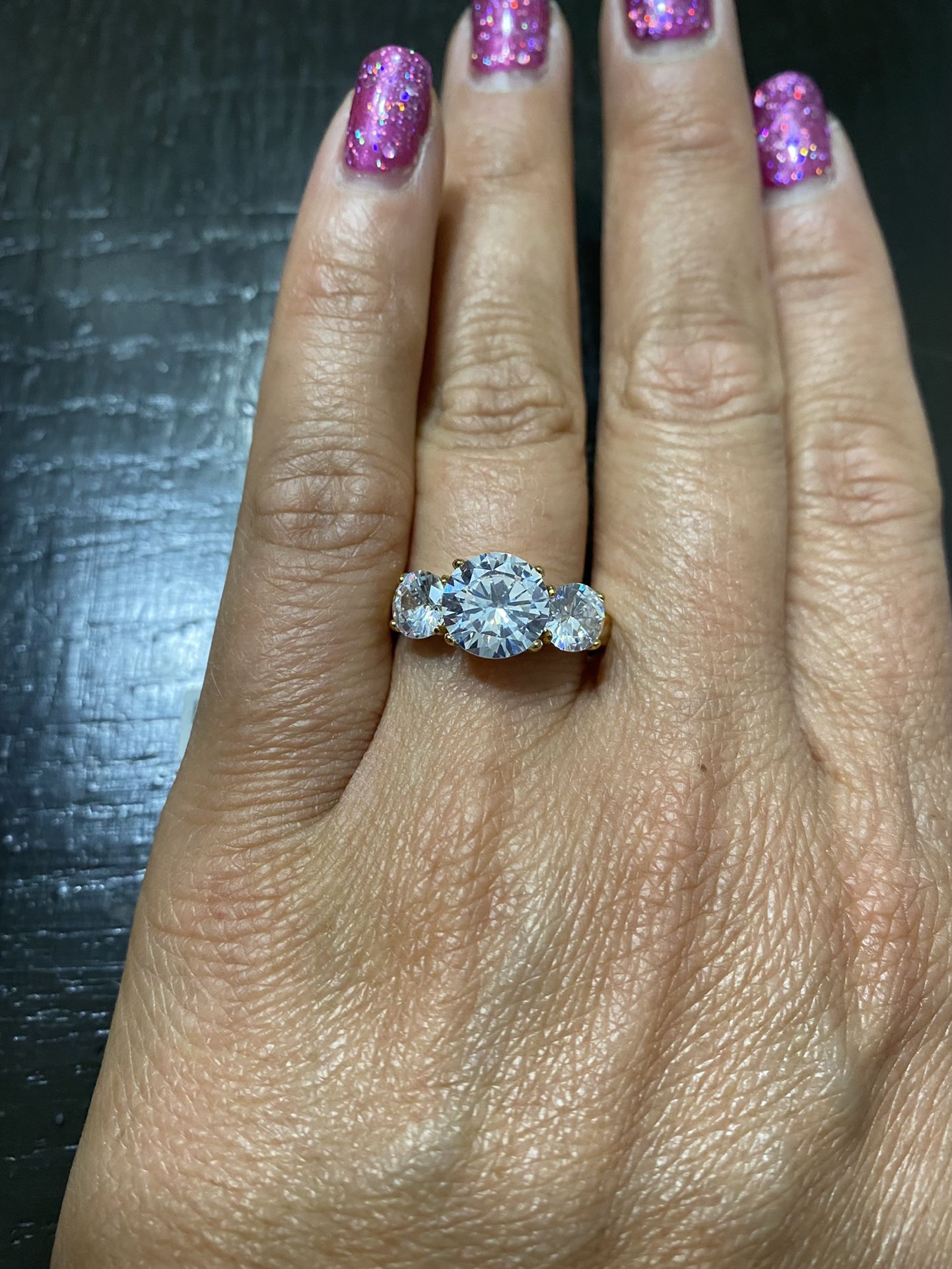 ion plating stainless steel ring with 3 AAA cubic zirconia Stones Size 8