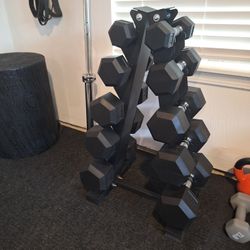 Rubber Coated Dumbbells 5-25lbs Sets w/stand and Bench