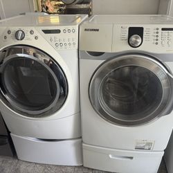 Heavy Duty Samsung Front Load Washer & Whirlpool Electric Dryer w/ Pedestal 