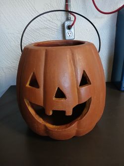 Heavy Clay/Terracotta Jack-o'-lantern With Metal Handle