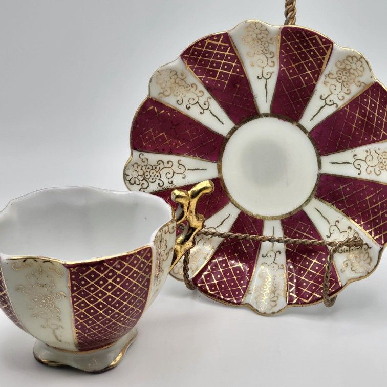 Vintage Tea Cup & Saucer B-953 Wales JAPAN Iridescent Burgundy White Gold Trim