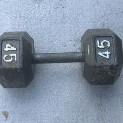 Gray Hex Cast Iron Used 45 Lbs 45 Lb Single Dumbell Cosmetic Blemishes such as uff marks, peeling, and some rusting 