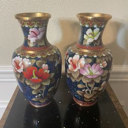 Pair of Chinese Enamel Cloisonné Vases 8.5”