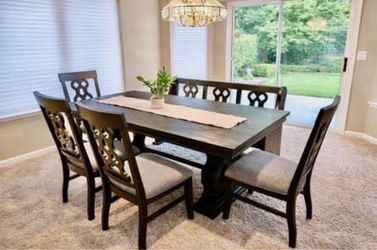 Black Solid Wood Dining Table Set — Seats 7 — Like New