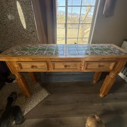 🌿 Rustic Handcrafted Tile-Top Console Table – Solid Wood, 3 Drawers