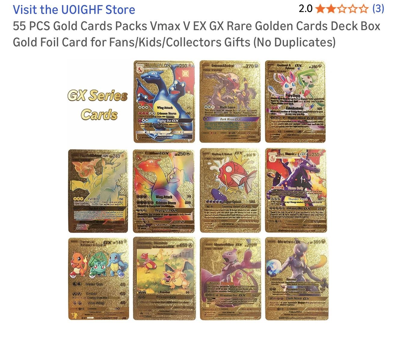 Pokémon 55 PCS Gold Cards Packs Vmax V EX GX Rare Golden Cards Deck Box- FAN MADE
