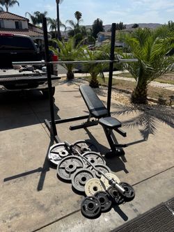 Rogue es1 squat rack with 7ft 45lbs bar plus 250lbs of Olympic weights and curl bar