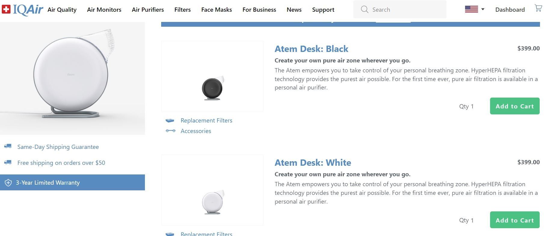 IQ Air atem Desk/car Personal Purifier