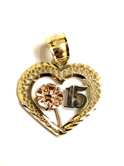 Heart with 15 anos pendant 14K FINE JEWELRY REAL 3 TONE GOLD.