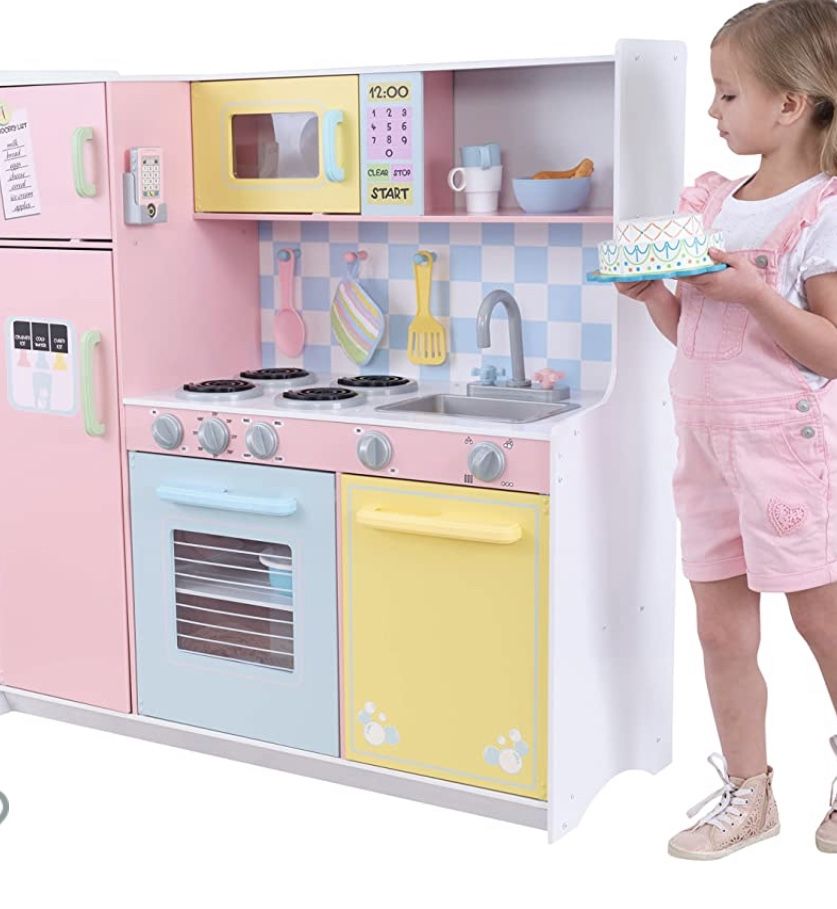 KidKraft KidKraft Wooden Large Pastel Play Kitchen with Turning Knobs, See-Through Doors and Play Phone, Gift for Ages 3+ 42.30 x 17.60 x 43.00 Inches