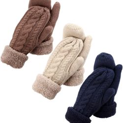 3 Pairs Winter Mitten Gloves For Women, Warm Knit Thick Gloves With Thick Fleece Lining Gift
