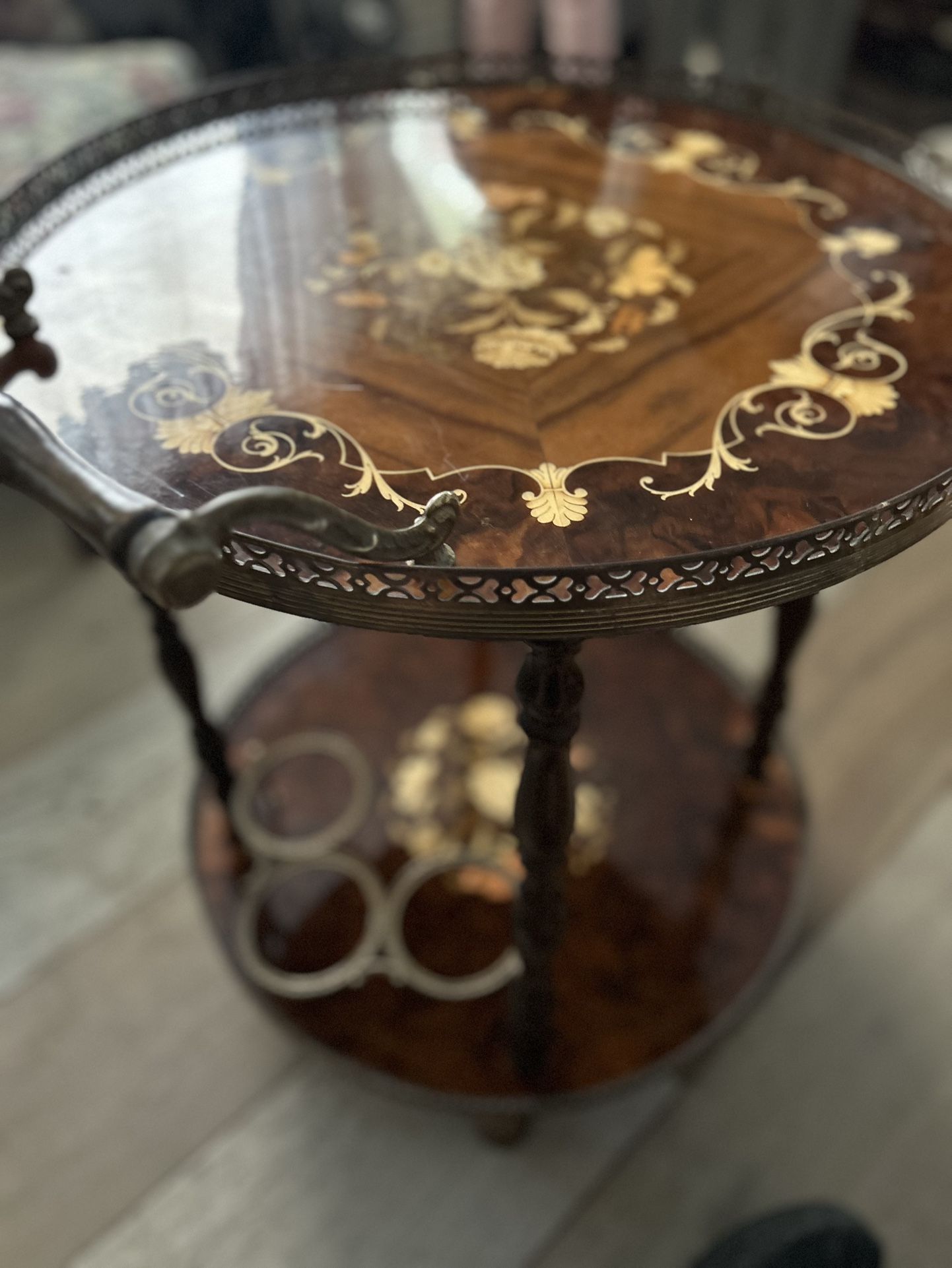 2 Tier Vintage Inlaid Woods Italian Made Rolling Cart On 4 Wheels With Handle . Located Boulder City Nv