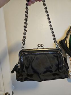 Coach Parker Double Zip Kisslock Black Jacquard Silver Chain Bag (style number 13623)