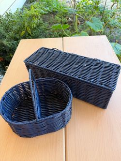 Vintage Blue Woven Baskets Set of 2 – Woven Organizer & Caddy with Handle