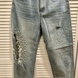 Wide Leg Pearl & Bling Jeans – Size L