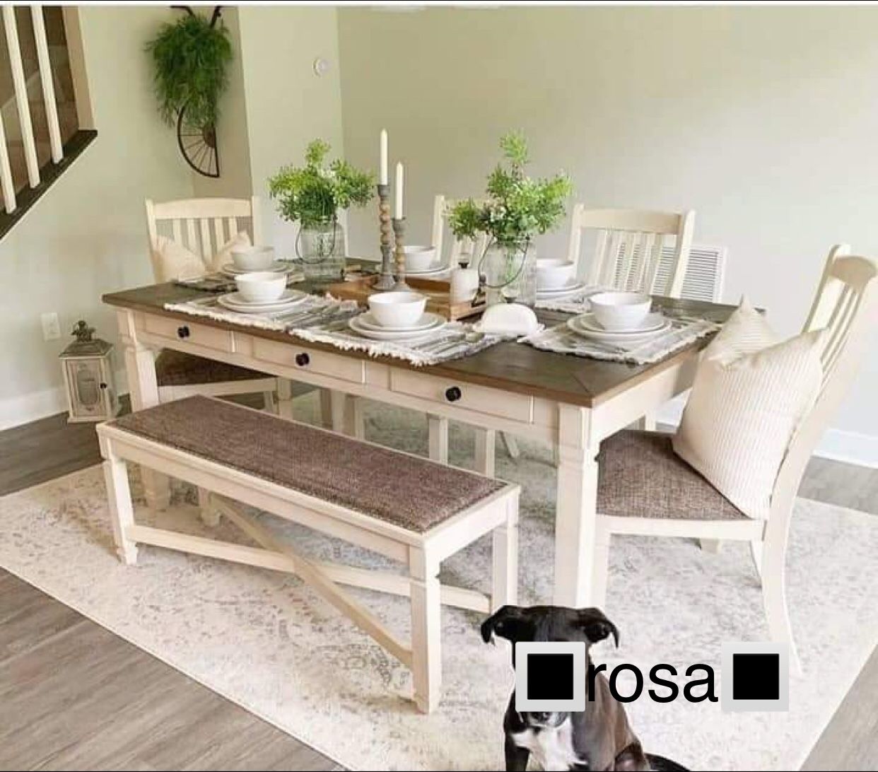 White Antique Farmhouse Style 6 Piece Dining Table With Drawers, Bench And 4 Chairs🎊 New Brand 💯 Dining Room Set☀️