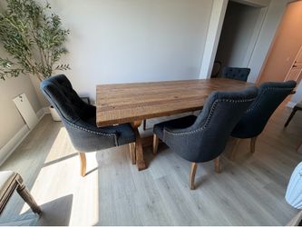 Natural wood/ distressed finish (pine) Dining table set (Table w/ 4 Tufted gray chairs and bench)- $750