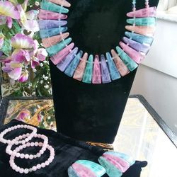 Glass Bead Multi Color Necklace W/ Matching Earrings & Bracelets 