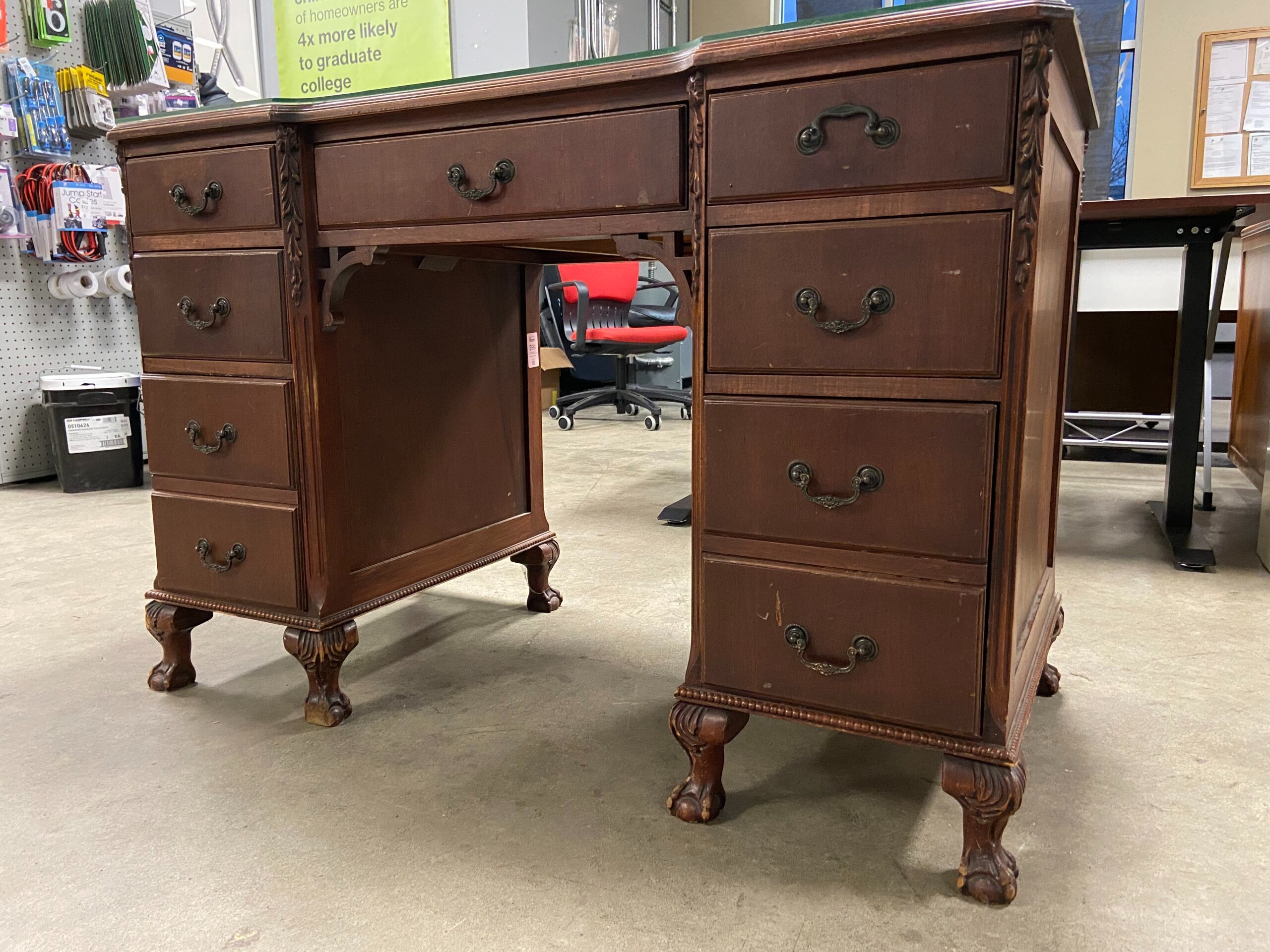 Antique Wooden Claw Foot Desk with Glass Top