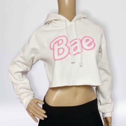 Bae Crop Top Hoodie Size M White Pink Lettering Cotton Braided Drawstring NWOT
