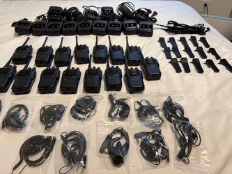 15 Pxton Walkie Talkies + Chargers + Belt Clips + 13 NEW Headsets – WORKING – Security/Event/Business Lot