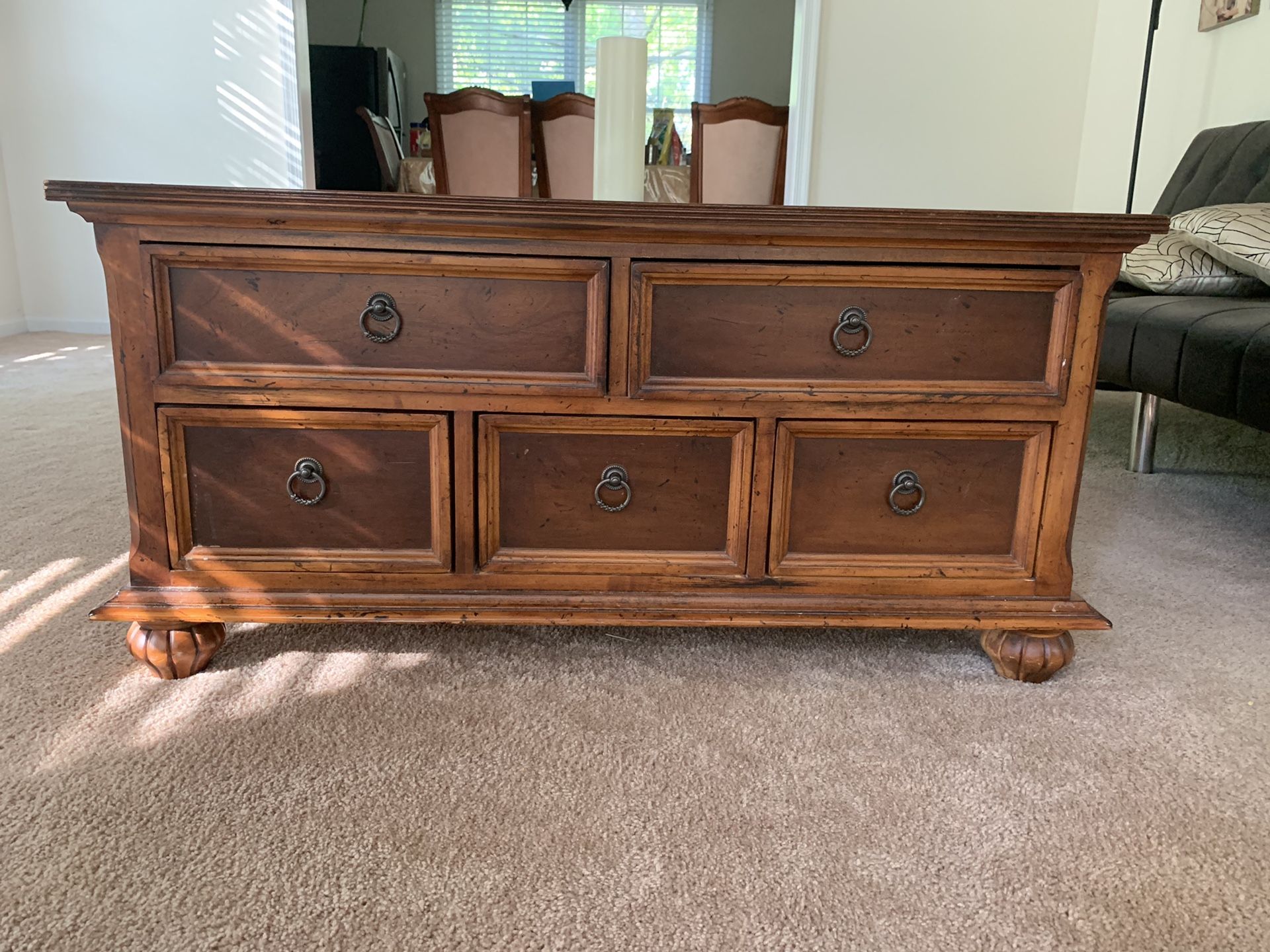 Heavy wooden coffee table with 5 drawers