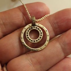 Pandora Authentic Brand New Sterling Silver Large Signature  Sparkling 18.5  2 Sided  Spinnable Inside Circle Adjustable Medallion Necklace $50 Each 