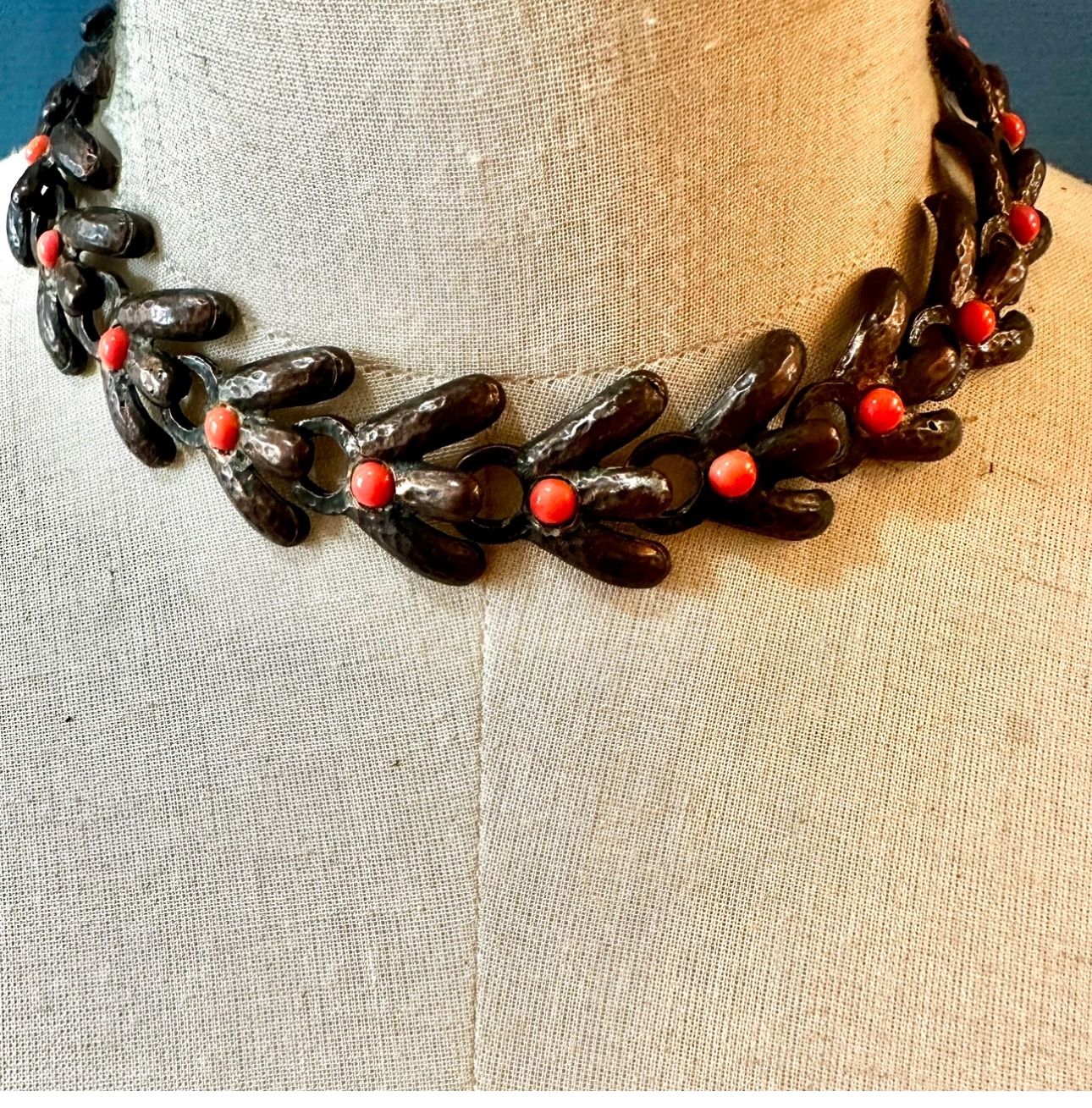 Vintage Rebajes Heavy Mid-Century Modern Copper orange beaded Choker Necklace