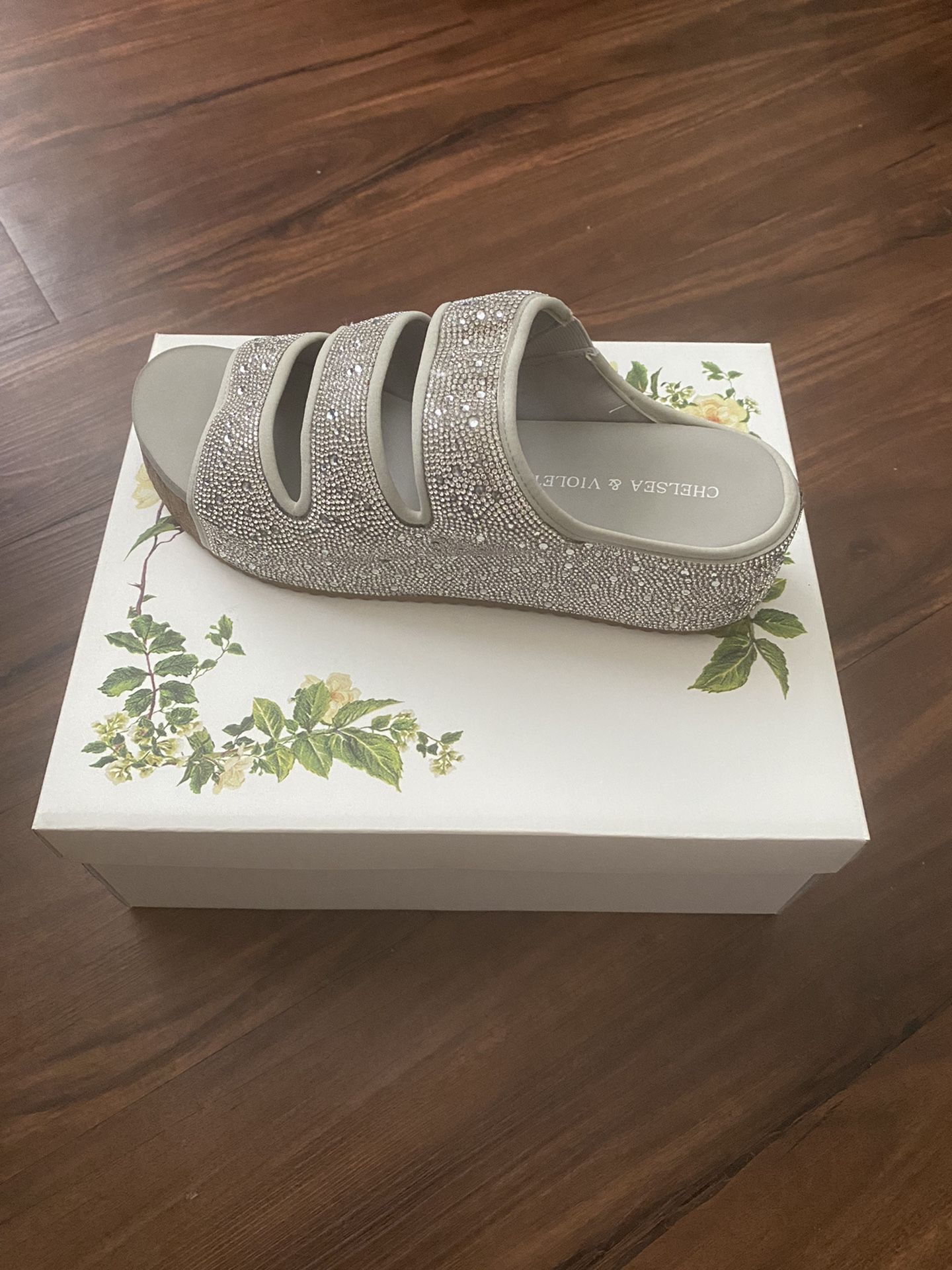 Ladies Sparkly Sequin Lt Gray Wedge Sandals