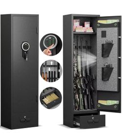 5-6 Rifle & Shotgun Safe with Drawer, Quick Access Long Gun Safe - LED Light, Alarm, Adjustable Racks & Removable Shelves