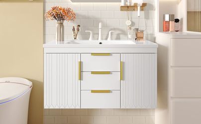 36'' Wall Mounted Bathroom Vanity, Floating Bathroom Storage Cabinet with 2 Drawers, Solid Wood Bathroom Cabinet (Same as N710S236003K)