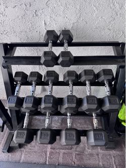 Commercial Rubber Hex Dumbbells & Racks – Multiple Sizes Available