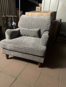 Nailhead Trim Accent Chair, Chenille Upholstered Armchair, Gray Comfy Reading Seat | Modern Single Sofa Chair with Solid Wood Legs & Removable Cushion