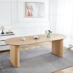 WILLIAMSPACE 90.55" Wood Extendable Dining Table for 6 to 10, Modern Oval Kitchen Table with Wooden Legs, Mid Century Large Dining Room Table, Easy to