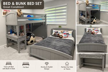 Gray Twin Loft Bed with Built-In Desk + Matching Full Bed