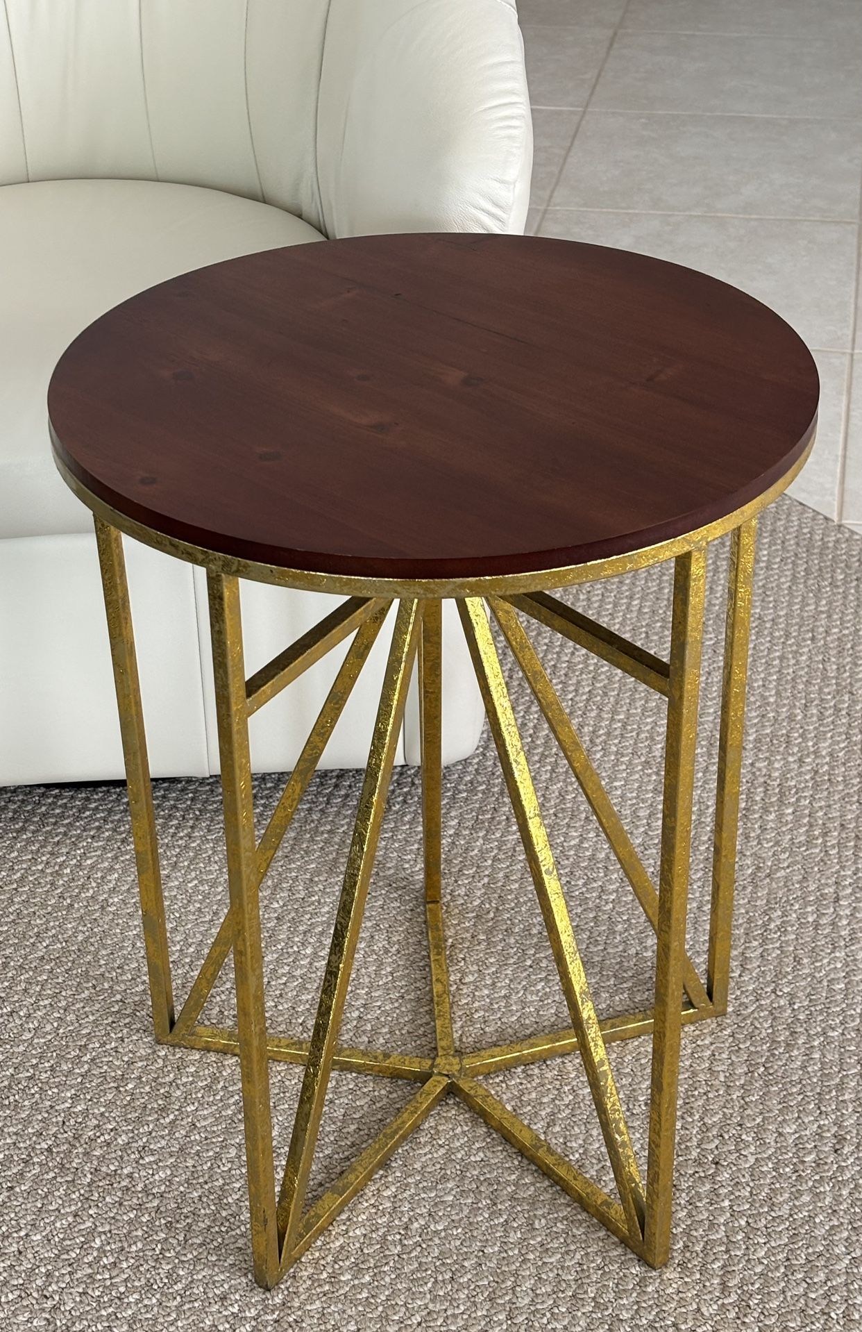 Contemporary Geometric Gold Table with Wood Top