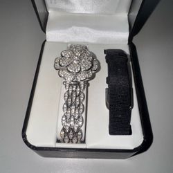 Suzanne somers white rhinestones floral hidden watch bracelet brand new