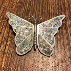 Butterfly Brooch, Sterling Silver Inlayed  Abalone Vintage