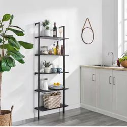 5-Tier Industrial Ladder Shelf Rustic Wall Mounted Metal Frame Bookcases, Multi-Use Open Bookshelf for Storage Organizer Plants Rack for Office and Ho