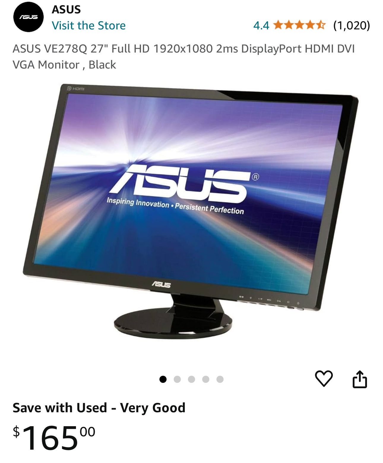ASUS VE278Q 27" Full HD 1920x1080 2ms DisplayPort HDMI DVI VGA Monitor , Black