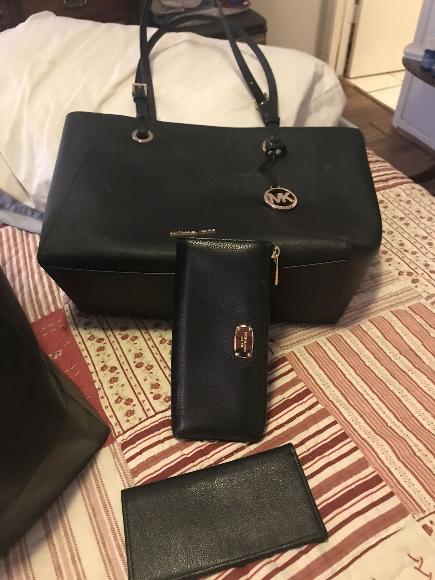 michael kors trio all black leather purse wallet and check book