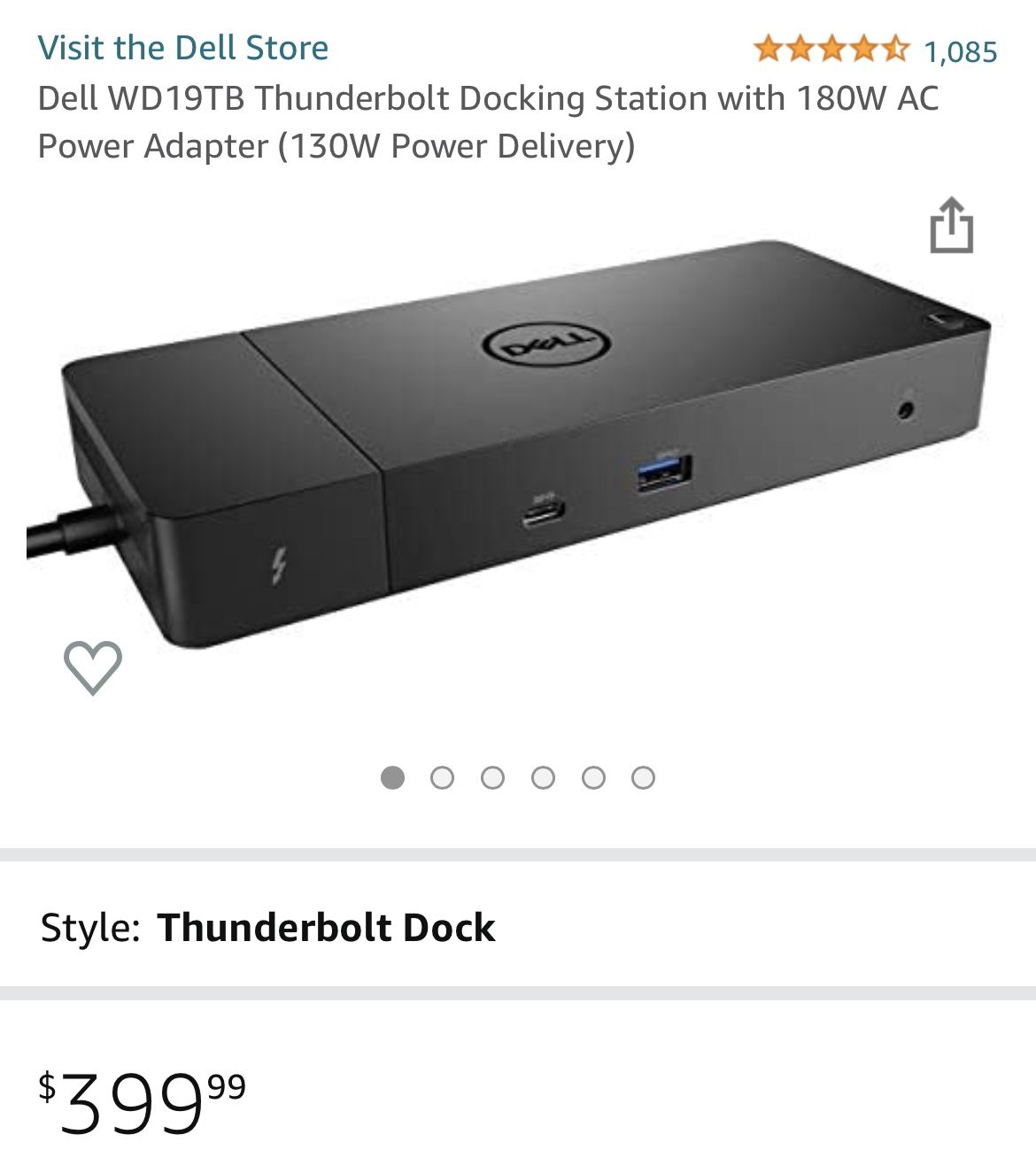 Dell WD19TB Thunderbolt Docking Station with 180W AC Power Adapter (130W Power Delivery)