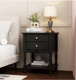 2 Drawers And Open Shelf, Black Wooden Nightstand