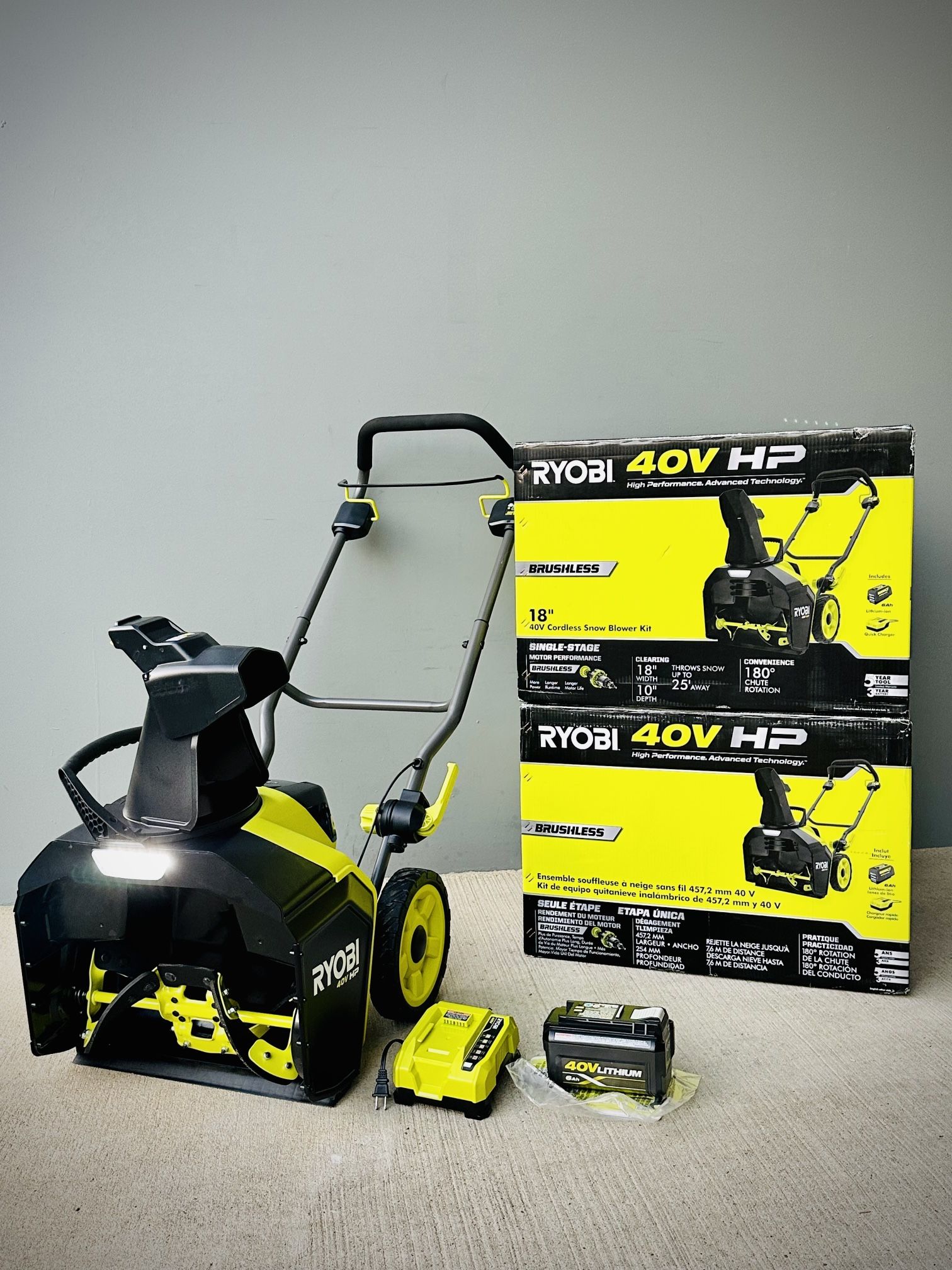 Brand new Ryobi 40V HP Brushless 18 in. Single-Stage Cordless Electric Snow Blower with 6.0 Ah Battery and Charger