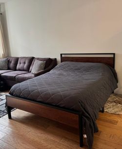 Modern Wood & Black Metal Bed Frame