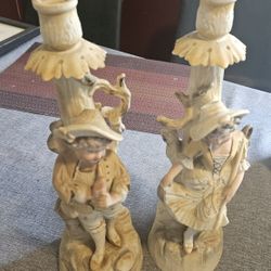 Occupied Japan Hand Painted Andrea Boy And Girl Candlesticks